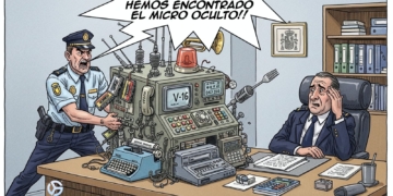 Viñeta satírica sobre el encuentro de micrófonos en un bar cerca de la Audiencia Nacional