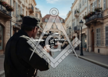 Hombre armado con rifle en una calle urbana europea con símbolo masónico superpuesto.