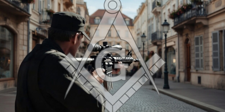 Hombre armado con rifle en una calle urbana europea con símbolo masónico superpuesto.