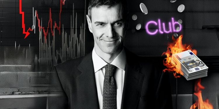 Pedro Sánchez sonriente con traje frente a gráfico bursátil a la baja, dinero en llamas y cartel de club, simbolizando crisis económica y escándalo financiero.
