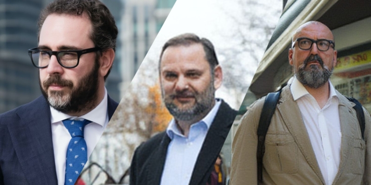 Montaje con Victor de Aldama, Jose Luís Ábalos y Koldo García, con barba en diferentes escenarios urbanos, vestidos con ropa formal y aspecto serio.