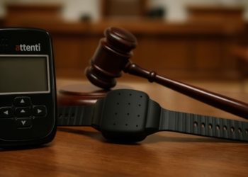 Pulsera electrónica de control y dispositivo de seguimiento junto a un mazo judicial en una sala de tribunal.