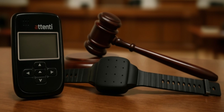 Pulsera electrónica de control y dispositivo de seguimiento junto a un mazo judicial en una sala de tribunal.