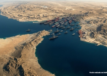 Vista aérea de un estrecho marítimo de Ormuz con numerosos buques militares y comerciales en una zona desértica, imagen generada con inteligencia artificial.