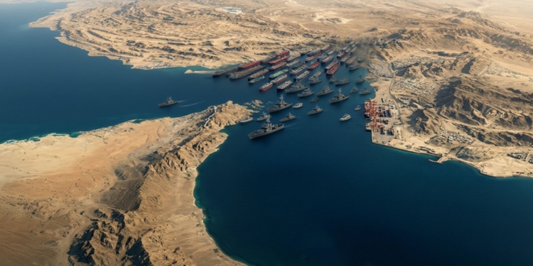 Vista aérea de un estrecho marítimo de Ormuz con numerosos buques militares y comerciales en una zona desértica, imagen generada con inteligencia artificial.