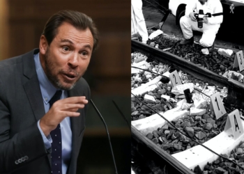 Montaje de Óscar Puente interviniendo en sede parlamentaria junto a una escena de investigación forense en vías de tren con pruebas señalizadas en Adamuz.