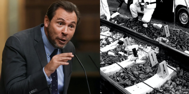 Montaje de Óscar Puente interviniendo en sede parlamentaria junto a una escena de investigación forense en vías de tren con pruebas señalizadas en Adamuz.