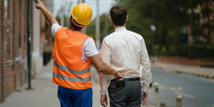Un trabajador con casco señala hacia adelante mientras roba la cartera a un hombre que camina a su lado por la calle.