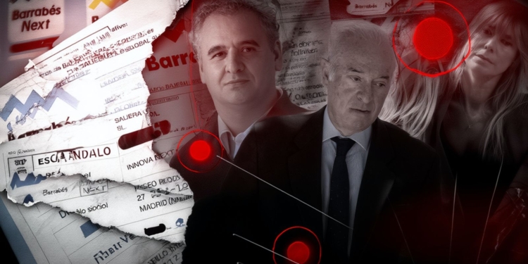 Montaje gráfico con documentos empresariales y facturas rasgadas de fondo, junto a el Juez Peinado, Barrabés y Begoña Gómez en primer plano, marcado con puntos rojos que sugieren la investigación por trama financiera.