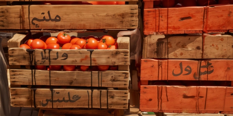 Cajas de madera apiladas llenas de tomates rojos, con inscripciones en árabe pintadas en los laterales y manchas oscuras sobre la madera.