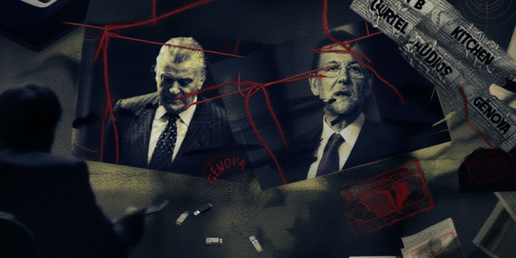 Collage en tonos oscuros con fotos de Jose Luis Bárcenas y Mariano Rajoy en traje conectadas por líneas rojas tipo investigación, junto a recortes de periódicos y anotaciones, evocando un caso o trama de investigación.