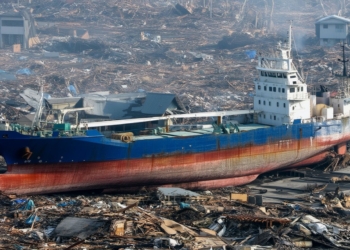 Gran barco varado en tierra entre escombros y destrucción generalizada, con viviendas dañadas alrededor, tras el terremoto más grave de Japón del 11 de marzo de 2011.