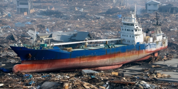 Gran barco varado en tierra entre escombros y destrucción generalizada, con viviendas dañadas alrededor, tras el terremoto más grave de Japón del 11 de marzo de 2011.