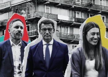 Collage de Santiago Abascal, Alberto Núñez Feijóo y Miriam Nogueras vestidas con traje y ropa formal recortadas sobre un fondo en blanco y negro de un edificio residencial deteriorado, con formas de colores detrás de cada figura.