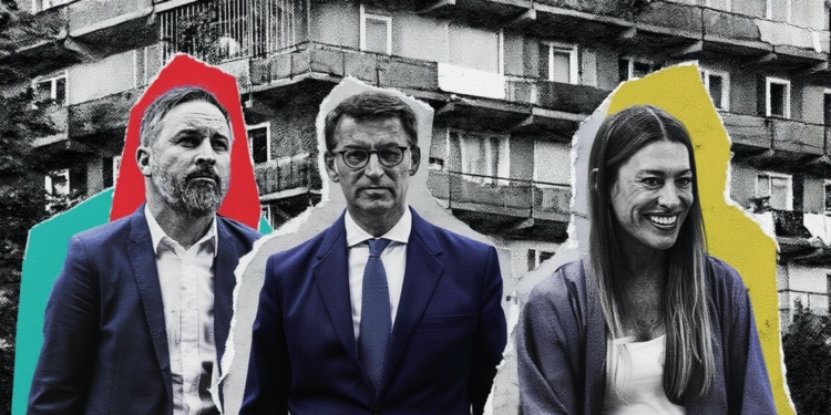 Collage de Santiago Abascal, Alberto Núñez Feijóo y Miriam Nogueras vestidas con traje y ropa formal recortadas sobre un fondo en blanco y negro de un edificio residencial deteriorado, con formas de colores detrás de cada figura.