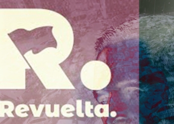 Imagen gráfica con una gran letra “R” estilizada con una bandera integrada y la palabra “Revuelta” debajo, sobre un fondo rojizo con la mitad de un rostro de Santiago Abascal visible y un efecto de doble color.
