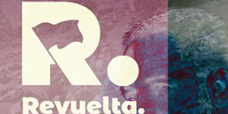 Imagen gráfica con una gran letra “R” estilizada con una bandera integrada y la palabra “Revuelta” debajo, sobre un fondo rojizo con la mitad de un rostro de Santiago Abascal visible y un efecto de doble color.