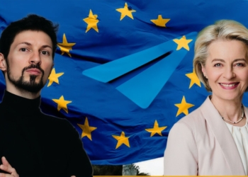 Montaje con el fundador de Telegram Pavel Durov y Úrsula von der Leyen frente a una bandera de la Unión Europea ondeando; en el centro aparece el icono de un avión de papel azul, sugiriendo el logo de Telegram de mensajería digital.