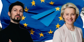 Montaje con el fundador de Telegram Pavel Durov y Úrsula von der Leyen frente a una bandera de la Unión Europea ondeando; en el centro aparece el icono de un avión de papel azul, sugiriendo el logo de Telegram de mensajería digital.