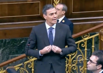 Pedro Sánchez con traje y corbata hablando y gesticulando en el interior del Congreso de los Diputados, con otros políticos sentados alrededor.