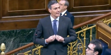 Pedro Sánchez con traje y corbata hablando y gesticulando en el interior del Congreso de los Diputados, con otros políticos sentados alrededor.