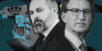 Retrato de Santiago Abascal y Alberto Núñez Feijóo en una composición gráfica con fondo del escudo de España.