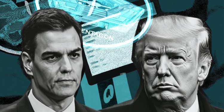 Pedro Sánchez y Donald Trump en un montaje gráfico con elementos del Pentágono al fondo.