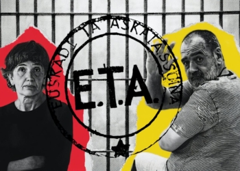 Anboto y Ángel Tellería Uriarte en un montaje gráfico con el anagrama de ETA sobre fondo de barrotes.