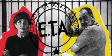Anboto y Ángel Tellería Uriarte en un montaje gráfico con el anagrama de ETA sobre fondo de barrotes.