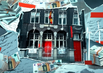 Edificio institucional rodeado de billetes, documentos y símbolos económicos en un montaje gráfico.