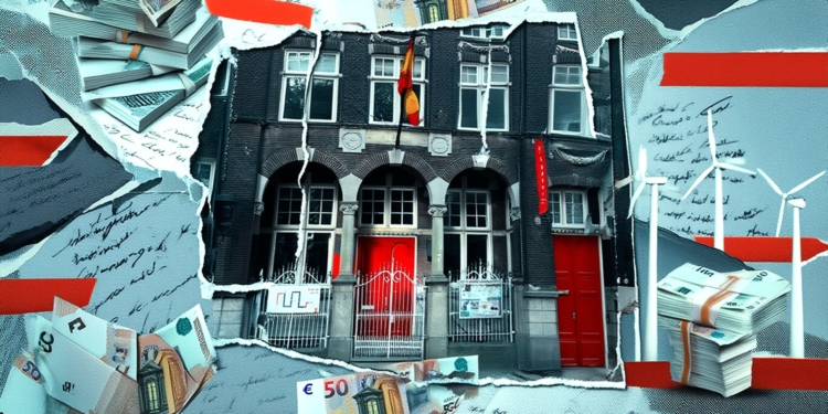 Edificio institucional rodeado de billetes, documentos y símbolos económicos en un montaje gráfico.