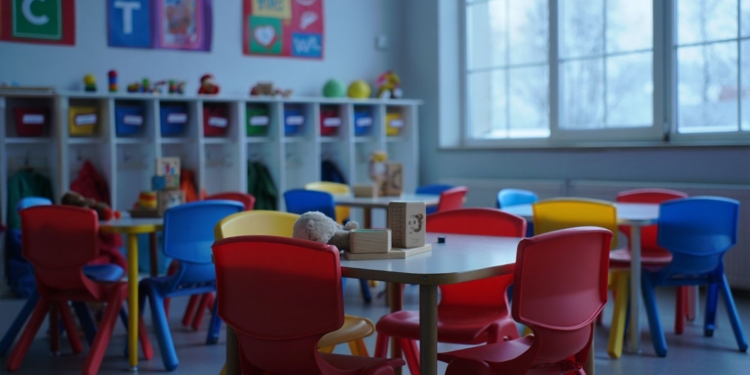 Aula infantil vacía con mesas y sillas de colores y estanterías con juguetes al fondo.