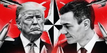 Ilustración de Donald Trump y Pedro Sánchez frente a frente con misiles y aviones de combate sobre un fondo rojo.