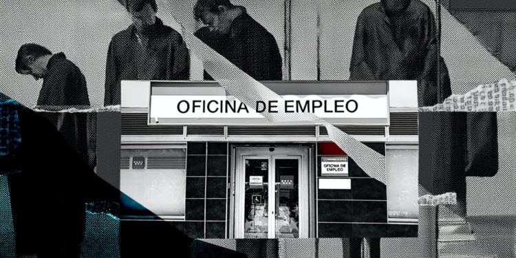 Collage en blanco y negro de varias personas cabizbajas junto a una oficina de empleo en primer plano.