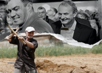 Hombre mayor trabajando la tierra con una azada en primer plano, con un collage en blanco y negro de Pedro Sánchez y otra persona sonriendo al fondo.