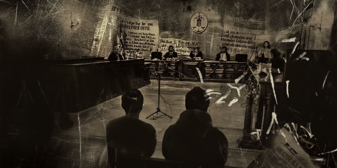 Sala de tribunal en tonos sepia con varias personas sentadas frente a un juez y un panel judicial al fondo.