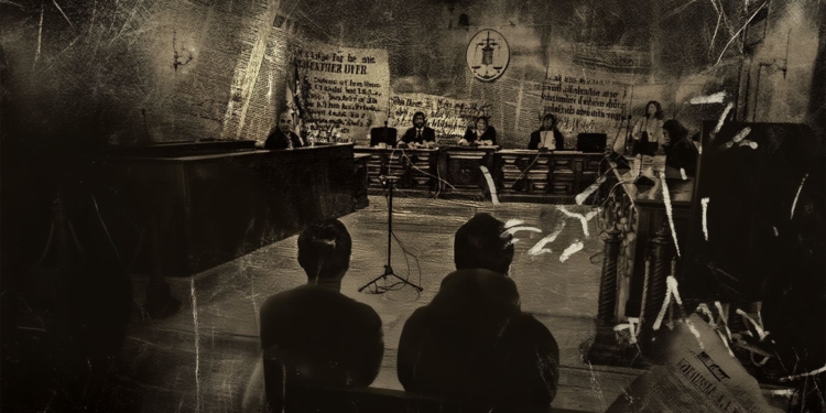 Sala de tribunal en tonos sepia con varias personas sentadas frente a un juez y un panel judicial al fondo.