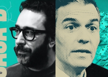 Montaje gráfico con los rostros de Víctor de Aldama y Pedro Sánchez junto a un fondo de billetes de euro.