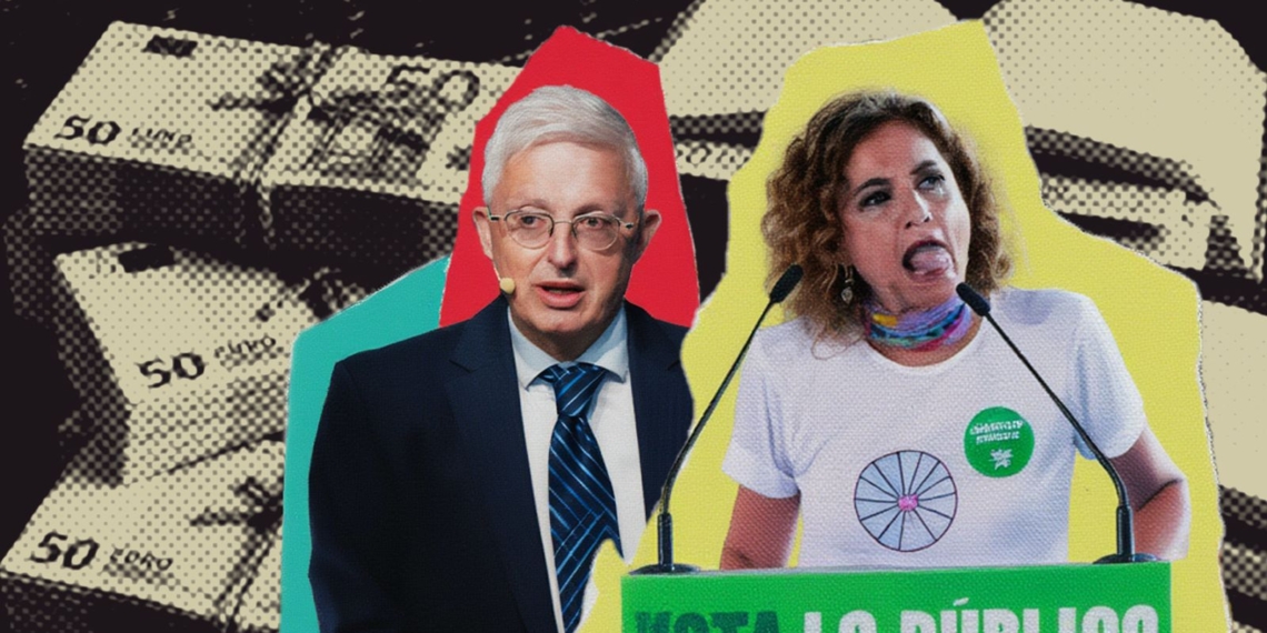 Dos figuras públicas José Antonio Marco Sanjuán, ex alto cargo cercano a María Jesús Montero y María Jesús Montero en un montaje gráfico sobre fondo de billetes, una hablando en un atril con el lema “Vota lo público”.