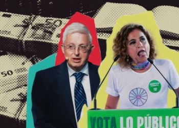 Dos figuras públicas José Antonio Marco Sanjuán, ex alto cargo cercano a María Jesús Montero y María Jesús Montero en un montaje gráfico sobre fondo de billetes, una hablando en un atril con el lema “Vota lo público”.