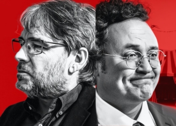 Montaje gráfico de Jordi Évole y García Ortiz con gafas en blanco y negro sobre fondo rojo, uno de perfil serio y otro con expresión leve, con una carpa de circo al fondo.