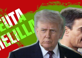 Montaje gráfico de Donald Trump y Pedro Sánchez con traje sobre fondo rojo y verde, con el texto “Ceuta” y “Melilla” en grande.