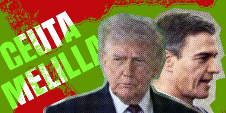 Montaje gráfico de Donald Trump y Pedro Sánchez con traje sobre fondo rojo y verde, con el texto “Ceuta” y “Melilla” en grande.