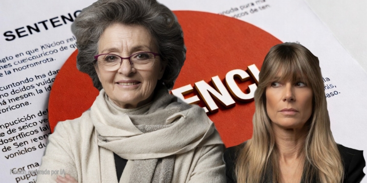 Montaje de dos mujeres en primer plano una de ellas Pilar Baselga absuelta por decir en una tertulia Begoño a Begoña Gómez sobre un fondo con documentos judiciales y la palabra “sentencia”