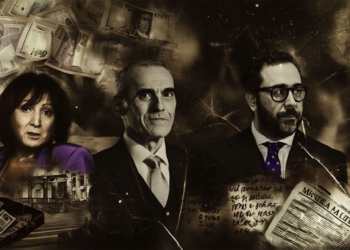 Montaje en tonos sepia para describir el caos en la Fiscalía con Peramato, Luzón y Aldama en primer plano, rodeadas de billetes, documentos y recortes de prensa.