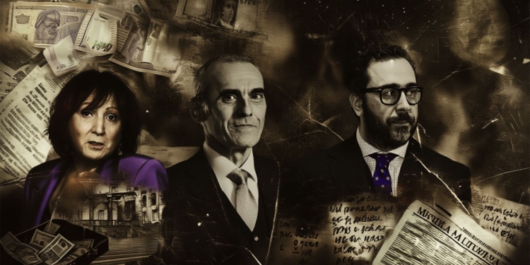 Montaje en tonos sepia para describir el caos en la Fiscalía con Peramato, Luzón y Aldama en primer plano, rodeadas de billetes, documentos y recortes de prensa.