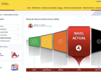 Captura de la web del Ministerio del Interior de España mostrando el nivel de alerta antiterrorista situado en nivel 4.