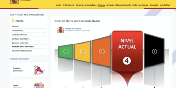 Captura de la web del Ministerio del Interior de España mostrando el nivel de alerta antiterrorista situado en nivel 4.