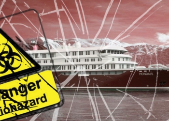 Montaje gráfico de un crucero en aguas polares junto a una señal amarilla de peligro biológico y efecto de cristal roto.
