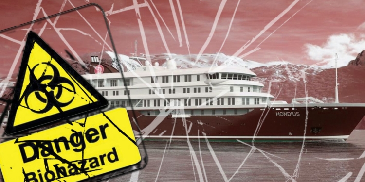 Montaje gráfico de un crucero en aguas polares junto a una señal amarilla de peligro biológico y efecto de cristal roto.